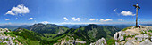 panorama from Aiplspitze with Hochmiesing, Rotwand, Taubenstein, Benzingspitz, Jägerkamp and lake Schliersee, Spitzing range, Bavarian foothills, Bavarian range, Upper Bavaria, Bavaria, Germany