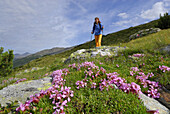 Frau wandert über Almwiese, Alta Badia, Südtirol, Italien