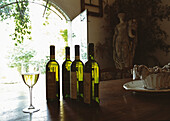 Montenidoli wine maker, bottles in the farm. San Gimignano. Siena province. Tuscany. Italy.