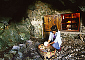 Ruta del Queso y de la Sidra (Cheese and Cider Itinerary). Jose Antonio Bueno García Cabrales Producer, Raquel Garcia near the cueva (cave). Asiego, Concejo de Cabrales. Picos de Europa. Asturias, Spain.