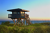 Lifeguard watchtower lookout tower on beach at sunset. Venice gulf coast. Florida. USA.