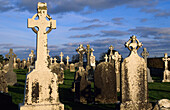 Klosterruine Clonmacnoise mit Grabsteinen, bei Athlone, Co. Offaly, Republik Irland, Europa