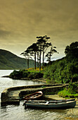 Boats at a jetty at Doo Lough, Connemara, County Mayo, Ireland, Europe