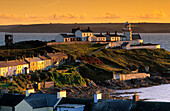 Häuser und Leuchtturm an der Küste im Licht der Abendsonne, Roche's Point, County Cork, Irland, Europa