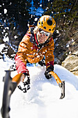 Man ice climbing, Hokkaido, Japan