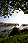 View from Schloßberg at the Danube with excursion boat and Nibelungen bridge, Linz, Upper Austria, Austria