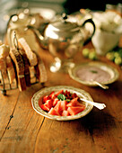 Strawberries and watermelon on a plate, Rowendale Homestead, Okains Bay, Banks Peninsula, South Island, New Zealand