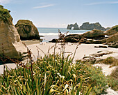 Sandstrand und Felseninseln im Sonnenlicht, Wharariki Beach, Nordwestküste, Südinsel, Neuseeland