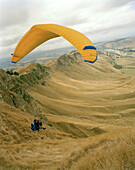 People at a tandem flight with a paraglider in the evening, Hawke`s Bay, North Island, New Zealand