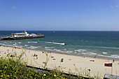 Beach and pier with Pier Theatre, Bournemouth, Dorset, England, United Kingdom