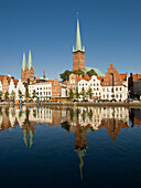 The Old Town at the river Trave under blue sky, Hanseatic City of Lübeck, Schleswig Holstein, Germany