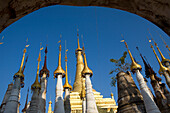 Golden stupas of the pagode in Indei at the Inle Lake, Shan State, Myanmar, Burma
