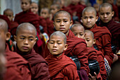 Buddhist monks waiting to get their food at Mahagandhayon monastary in Amarapura near Mandalay, Myanmar, Burma