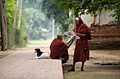 Zwei junge buddhistische Mönche mit Hund lesen Zeitung in Amarapura bei Mandalay, Myanmar, Burma
