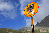 sign of border Bundesrepublik Deutschland at notch Mädelejoch near hut Kemptner Hütte, Allgaeu range, Allgaeu, Swabia, Bavaria, Germany