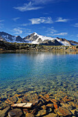 lake Samoarsee with Similaun, ascent to Kreuzspitze from hut Martin-Busch-Hütte, Ötztal range, Tyrol, Austria