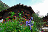 garden of farmhouse and restaurant Jägerrast, valley Pfossental, Texelgruppe range, Ötztal range, South Tyrol, Italy