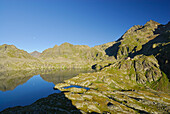 lake Wangenitzsee with hut Wangenitzseehuette, Schobergruppe range, Hohe Tauern range, National Park Hohe Tauern, Carinthia, Austria