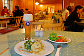laid table with one portion of Tyrolean Knoedel, Spinatknoedel, Kasknoedel and Speckknoedel, mixed salad and weissbier, guests at tables out of focus in background, hut Franz-Senn-Huette, Stubaier Alpen range, Stubai, Tyrol, Austria
