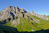 Kratzer, Mädelegabel und Trettachspitze über der Kemptner Hütte, Allgäuer Alpen, Allgäu, Schwaben, Bayern, Deutschland