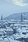 Roofs of the lesser town in winter, Prague. Czech Republic