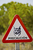 Lynx roadsign in Doñana National Park, Huelva province, Andalucia, Spain.