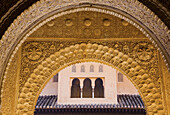 Courtyard of the Lions seen from the Hall of the Two Sisters, Alhambra. Granada, Andalusia, Spain