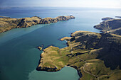 Purau Bay (bottom left), and Godley Head (top) Lyttelton Harbour, Canterbury, South Island, New Zealand