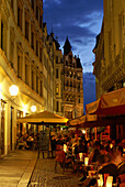 Pavement cafes at Barfussgasschen in the evening, Leipzig, Saxony, Germany