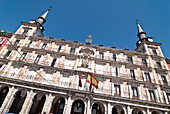 Casa de la Panaderia with painted facade, used to house the offices of the bakers guild, Plaza Mayor, Madrid, Spain
