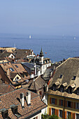 View over rooftops of Nyon to lake Geneva, Nyon, Canton of Vaud, Switzerland