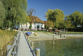 Jetty in front of a hotel at the lakeshore, Lake Constance, Baden Wurttemberg, Germany