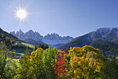 Scenery in autumn with Geisler range in background, Dolomites, Villnoess, South Tyrol, Italy