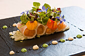 Salmon rolls with vegetables, herbs and lemon sauce, Restaurant Philipp, Sommerhausen, Franconia, Bavaria, Germany