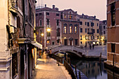 Houses along a narrow canal, Fondamenta dei Frari in the evening light, Venice, Italy, Europe