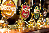 Beers on tap in a pub, London, England, Great Britain, United Kingdom