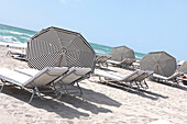 Sunloungers and sunshades at the beach in the sunlight, South Beach, Miami Beach, Florida, USA