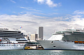 Cruise ships at the harbour of Miami under white clouds, Florida, USA