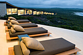 Sunloungers with view at Hanson Bay in front of the rooms of Southern Ocean Lodge, Kangaroo Island, South Australia, Australia