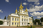 Russia. Petrodvorets. Peterhof Palace. Peter the Great's summer palace. Facade of the Grand Palace.
