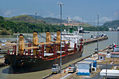 Panamax ship Miraflores locks. Panama canal. Panama