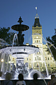 Canada, Quebec City, Hotel du Parlement, Parliament Building, public fountain, dusk, government