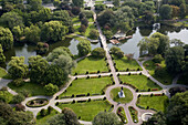 The Public Garden, aerial view, George Washington statue, lagoon with swan boats, Boston, Usa.