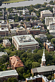 Harvard University aerial view. View over Harvard Yard and Widener Library to Lowell House and Charles River. Memorial Church bottom center. Cambridge, Usa.