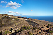 View over rocky landscape under cloudy sky, La Gomera, Canary Islands, Spain, Europe