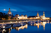 View over river Elbe to Bruhl's Terrace, Dresden Castle, Standehaus and Katholische Hofkirche, Dresden, Saxony, Germany