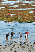 Balinese people strolling on the beach at low tide, Pura Geger, Southern Bali, Indonesia, Asia