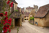 Beynac an der Dordogne, Burg im Hintergrund, Jakobsweg, Chemins de Saint-Jacques, Via Lemovicensis, Beynac, Dept. Dordogne, Région Aquitaine, Frankreich, Europa