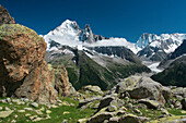 French Alps, Aiguilles du Chardonnet, 3824 m, Aiguille Verte, 4121 m, Aiguilles du Dru, 3754 m, Les Drus, in summer, Chamonix, France