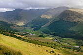 Glen Nevis and the Nevis Range from the lower portion of the walking trail up to Ben Nevis, the highest peak (Munro) in Scotland at 1344 meters